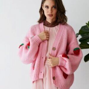 Chicwish Stitch Strawberry Button Up Hand Knit Cardigan in Candy Pink